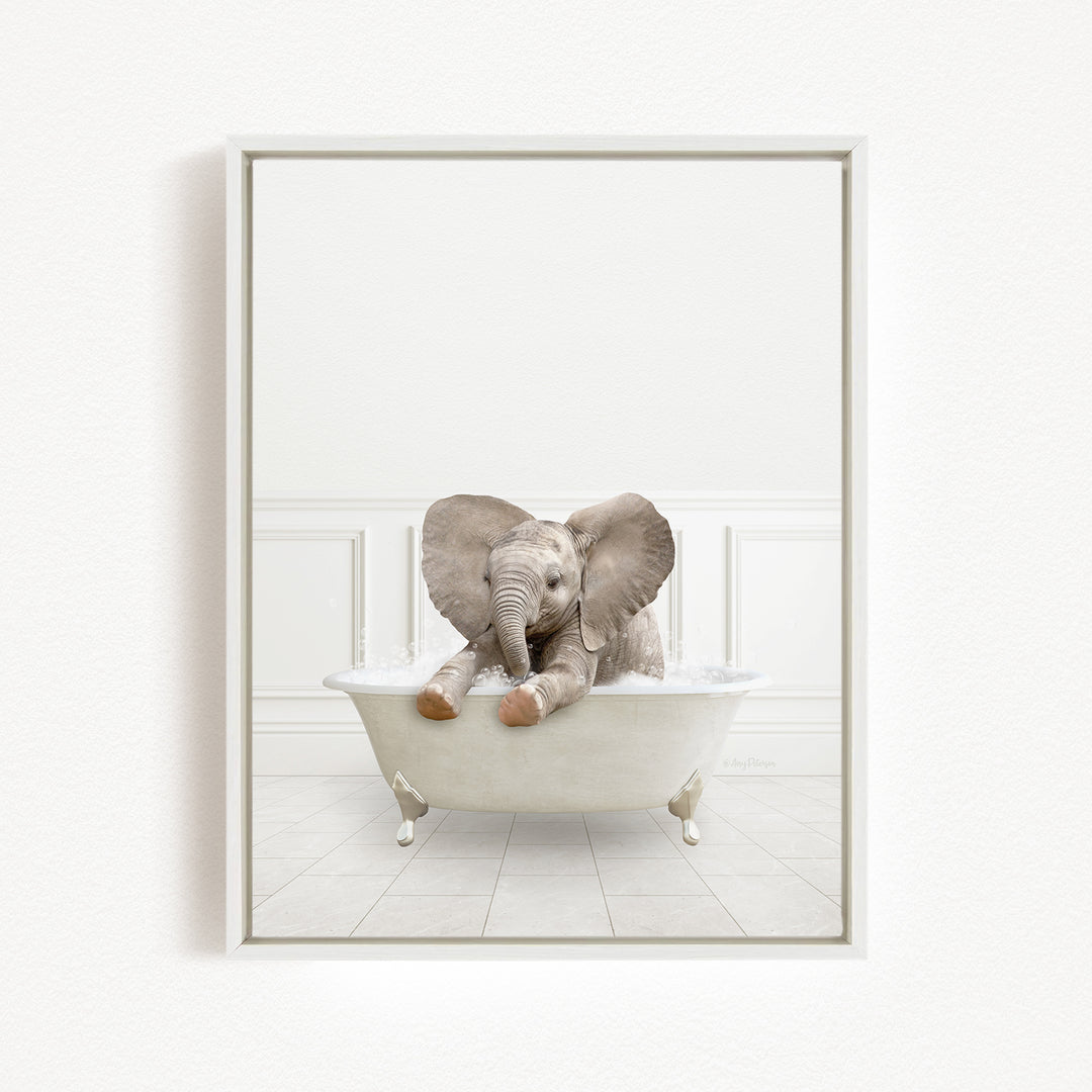 A baby elephant sitting in a white bathtub, surrounded by a white background.