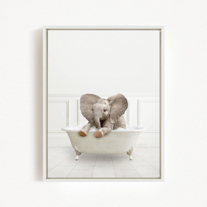 A baby elephant sitting in a white bathtub, surrounded by a white background.