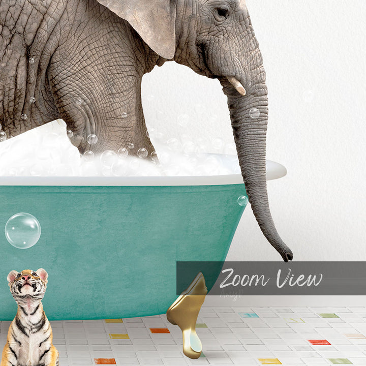A large elephant is taking a bath in a green tub, surrounded by bubbles, while a tiger sits nearby and a small elephant stands next to a gold-colored object.