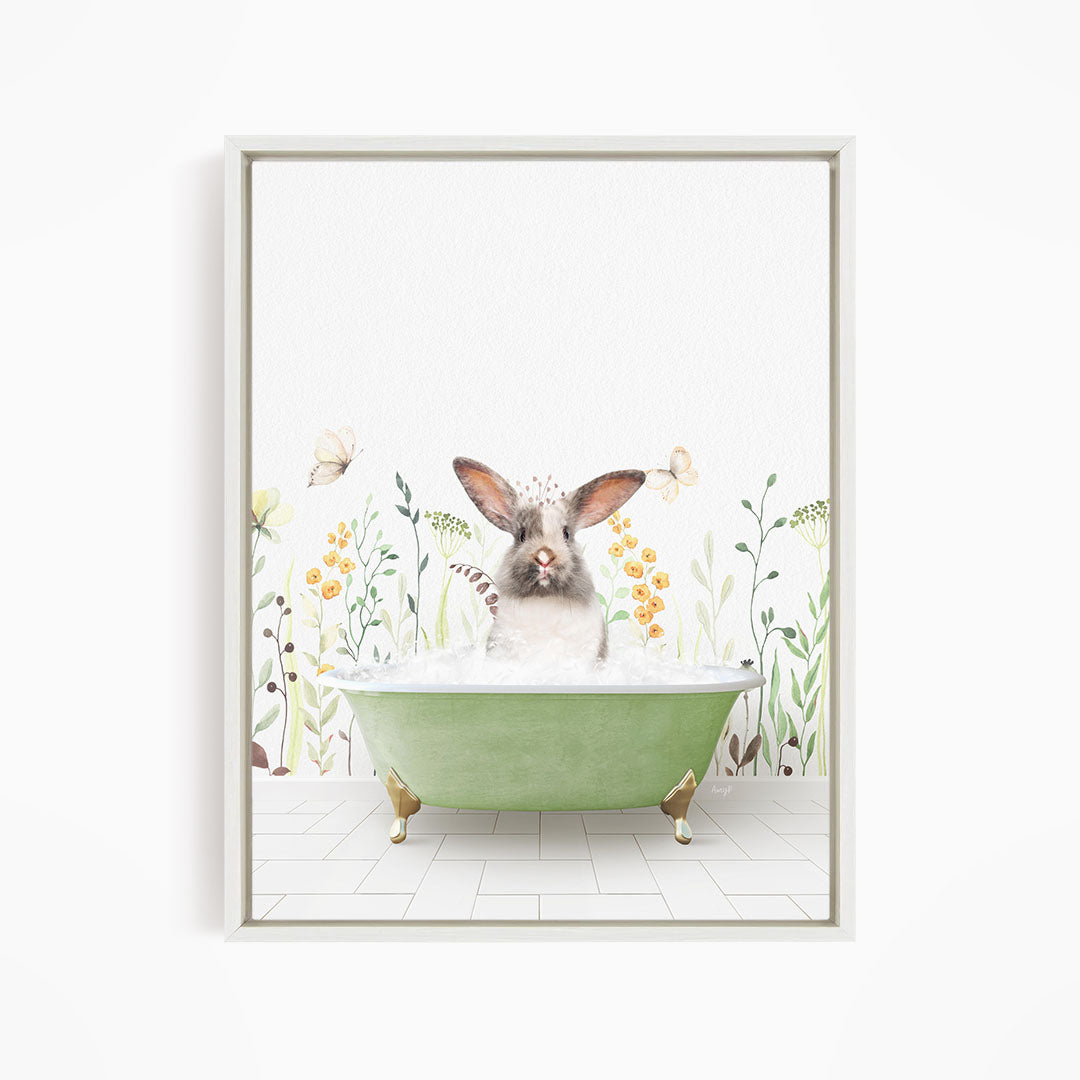 A white rabbit sitting in a green bathtub filled with water, surrounded by flowers and butterflies.
