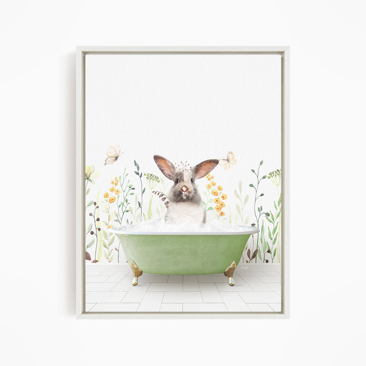 A white rabbit sitting in a green bathtub filled with water, surrounded by flowers and butterflies.