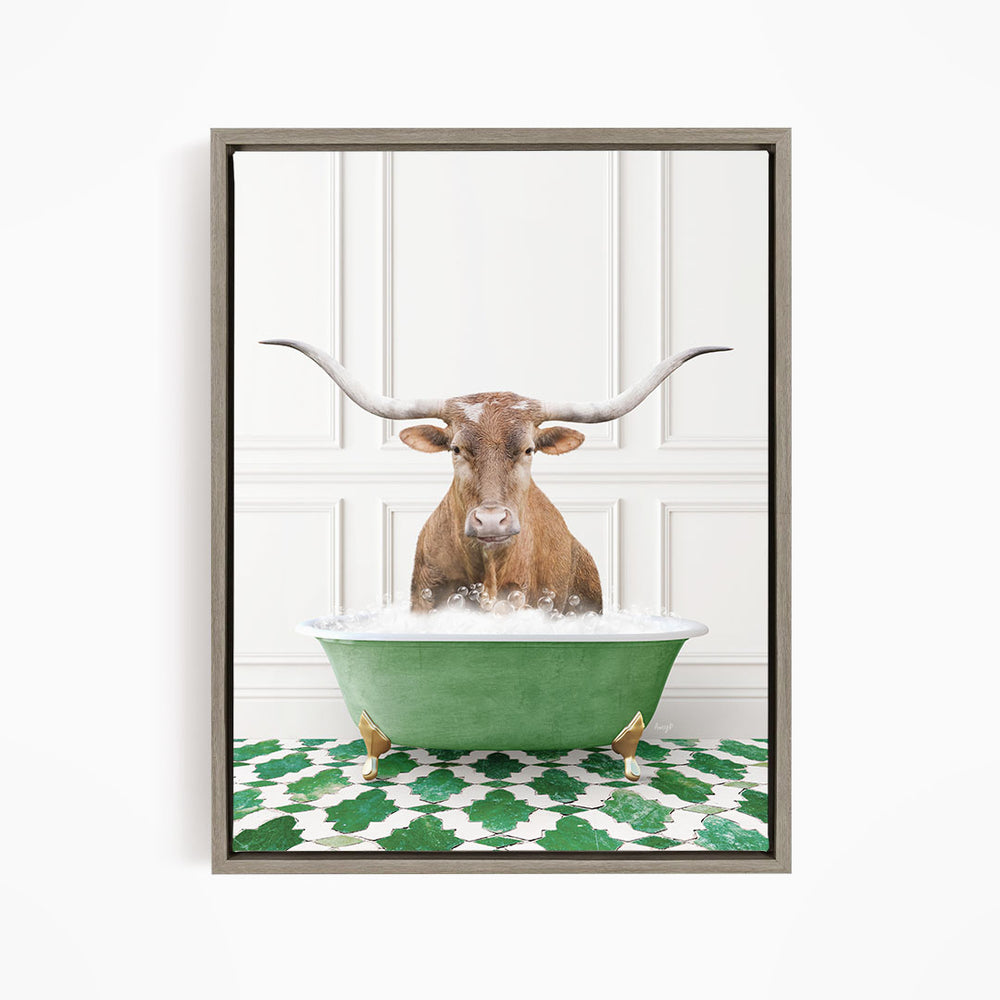 A brown bull with large horns is sitting in a green bathtub filled with water, creating a whimsical and humorous scene.