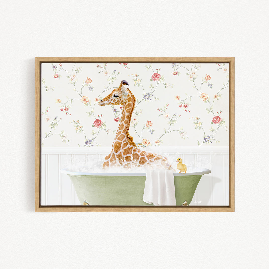A giraffe sitting in a green bathtub, surrounded by a floral wallpaper, with a yellow duck nearby.