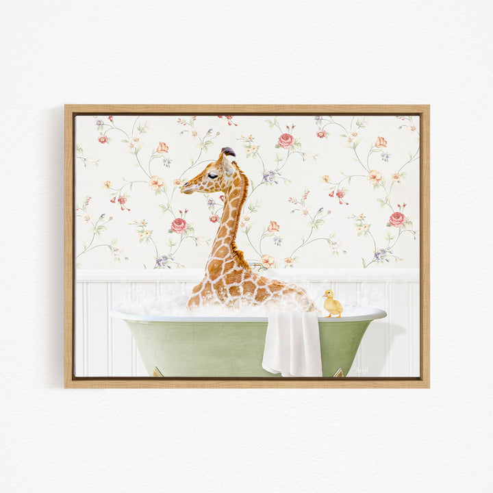 A giraffe sitting in a green bathtub, surrounded by a floral wallpaper, with a yellow duck nearby.