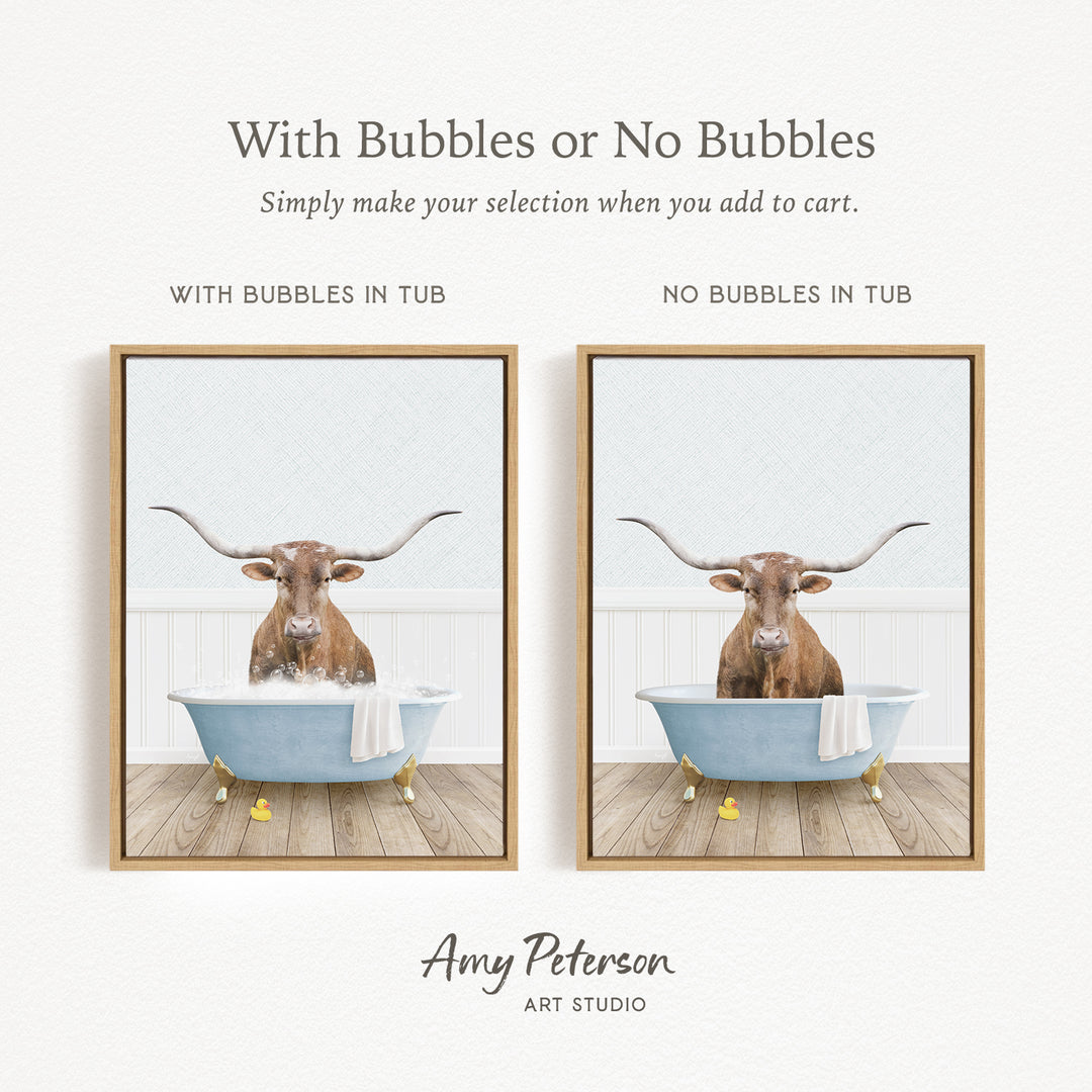 The image is a collage of two pictures featuring a bull with horns sitting in a bathtub. The bull is depicted in two different frames, one with bubbles and the other without bubbles. The collage is titled "With Bubbles or No Bubbles" and is created by Amy Peterson from Art Studio.