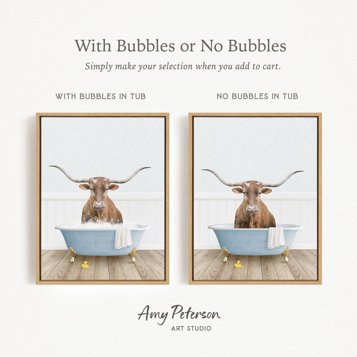The image is a collage of two pictures featuring a bull with horns sitting in a bathtub. The bull is depicted in two different frames, one with bubbles and the other without bubbles. The collage is titled "With Bubbles or No Bubbles" and is created by Amy Peterson from Art Studio.