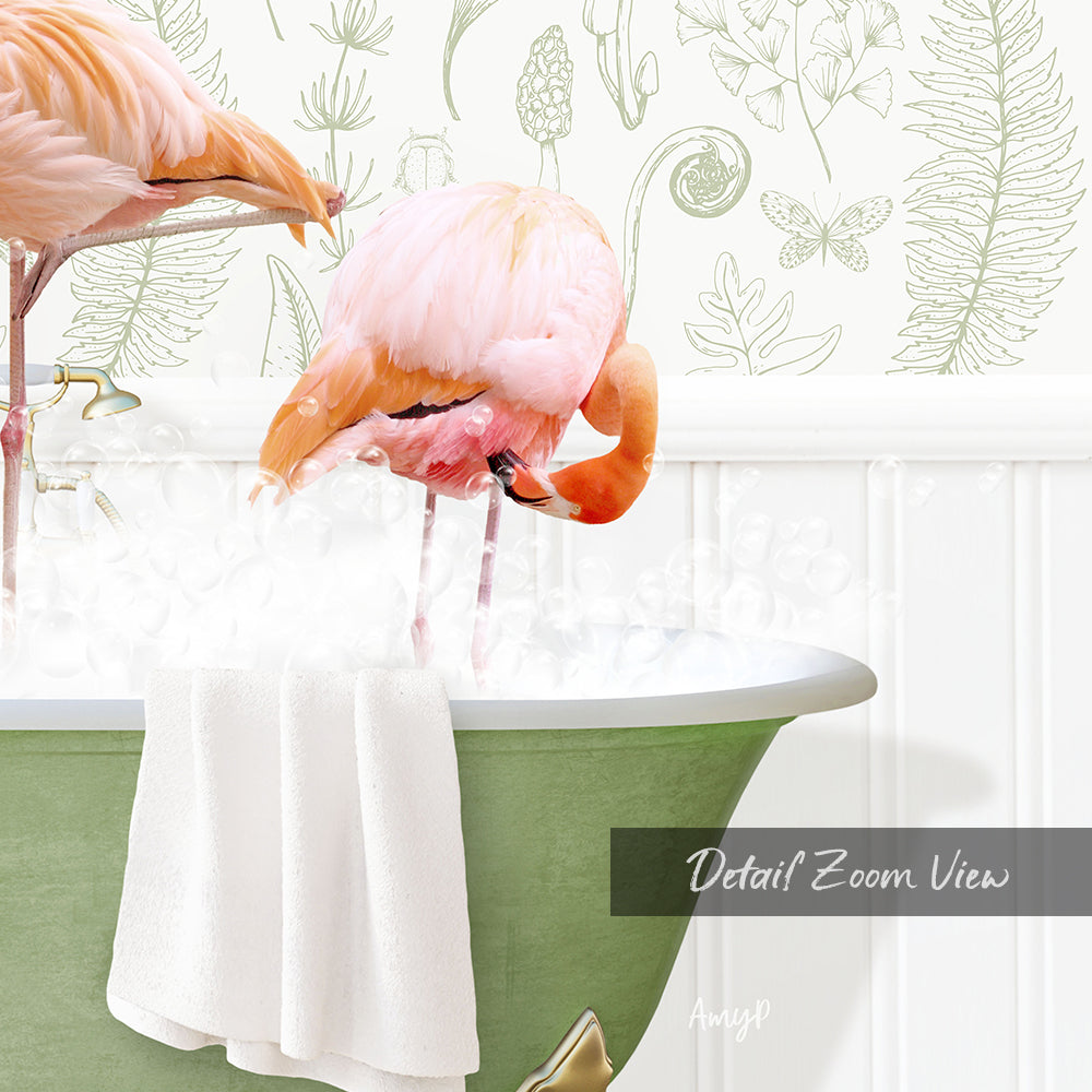 A pink flamingo standing in a green bathtub filled with water, with a towel hanging on the side of the tub.