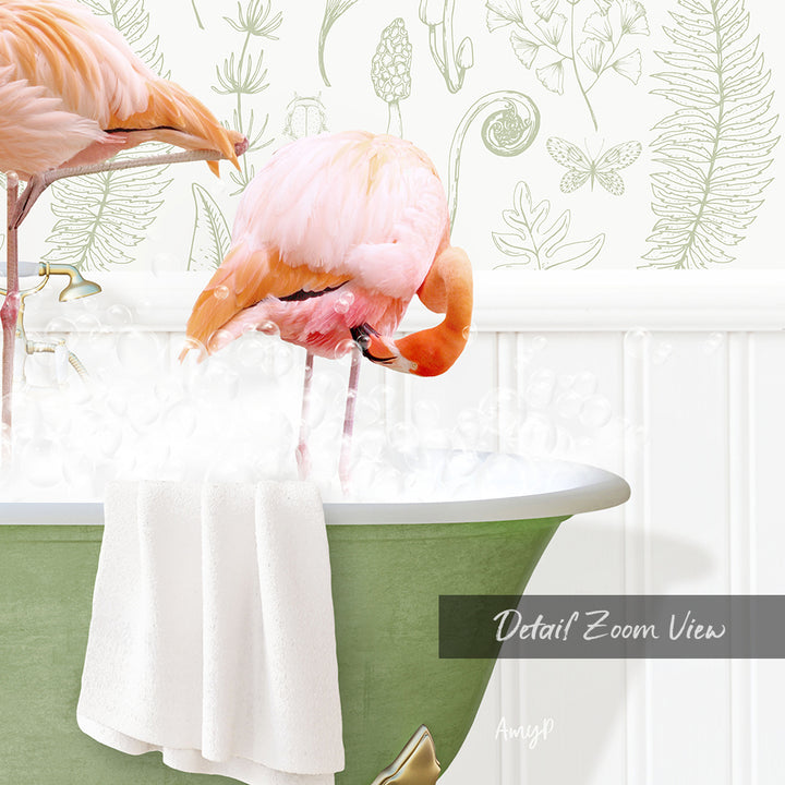 A pink flamingo standing in a green bathtub filled with water, with a towel hanging on the side of the tub.