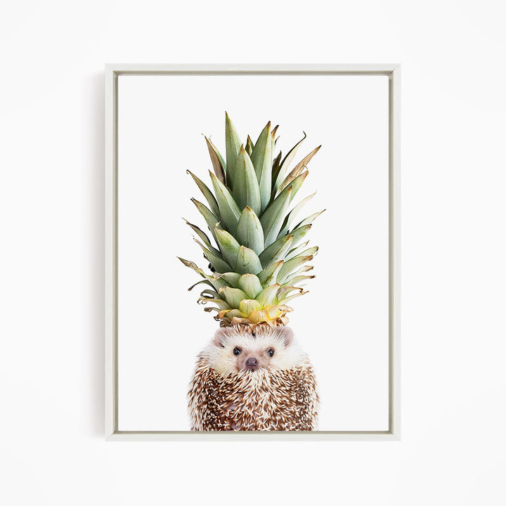 A hedgehog wearing a pineapple crown, with the pineapple's spiky green leaves and yellow fruit.