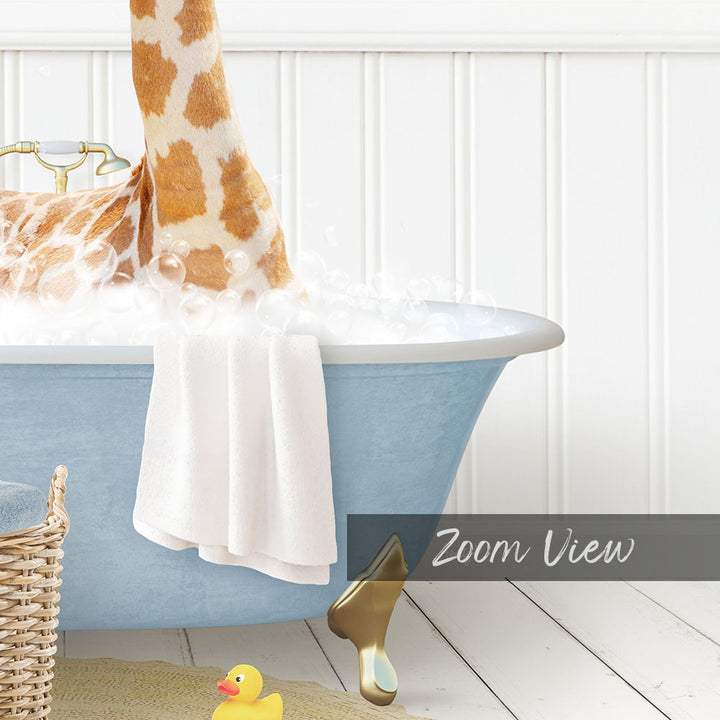 A blue bathtub filled with bubbles, with a towel hanging on the side and a rubber duck nearby.