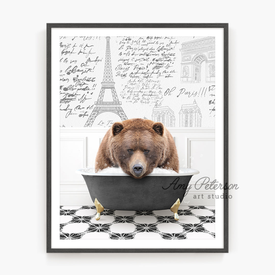 a picture of a bear in a bathtub with the eiffel tower in