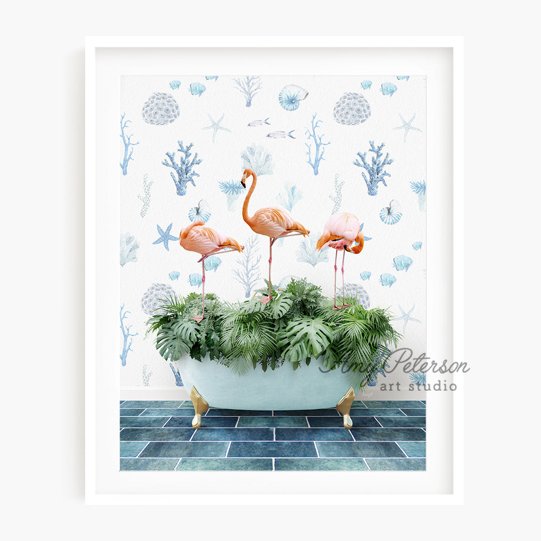 a picture of three flamingos in a bathtub