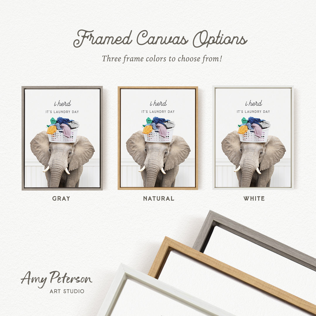 The image is a framed canvas option featuring three different color options for a framed artwork of an elephant with a laundry basket on its head.