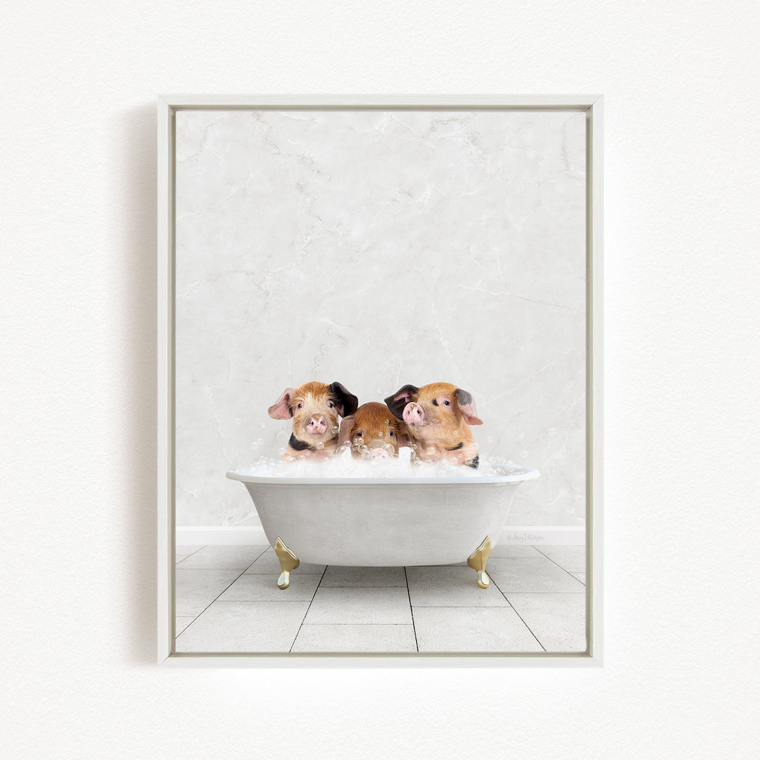 Three adorable pigs sitting in a white bathtub, enjoying a relaxing bath.