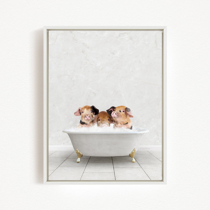 Three adorable pigs sitting in a white bathtub, enjoying a relaxing bath.