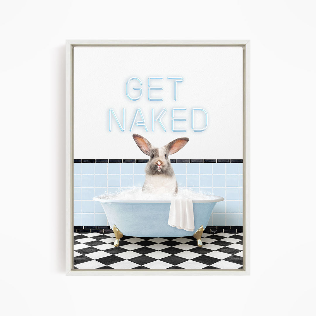 A rabbit sitting in a bathtub filled with bubbles, with the text "GET NAKED" displayed above it.