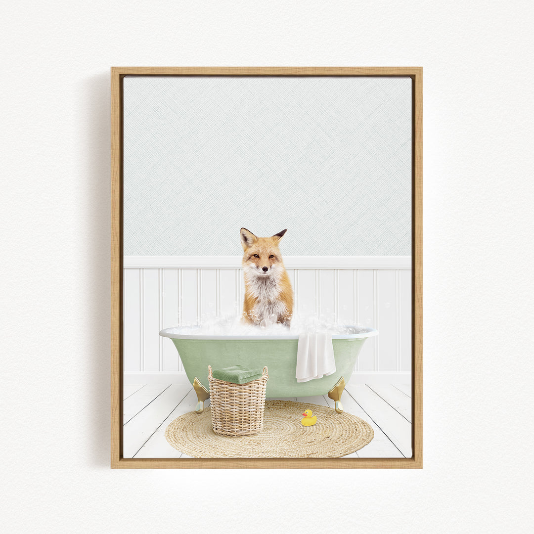 A fox is sitting in a green bathtub filled with bubbles, surrounded by a basket of toys and a yellow rubber duck.