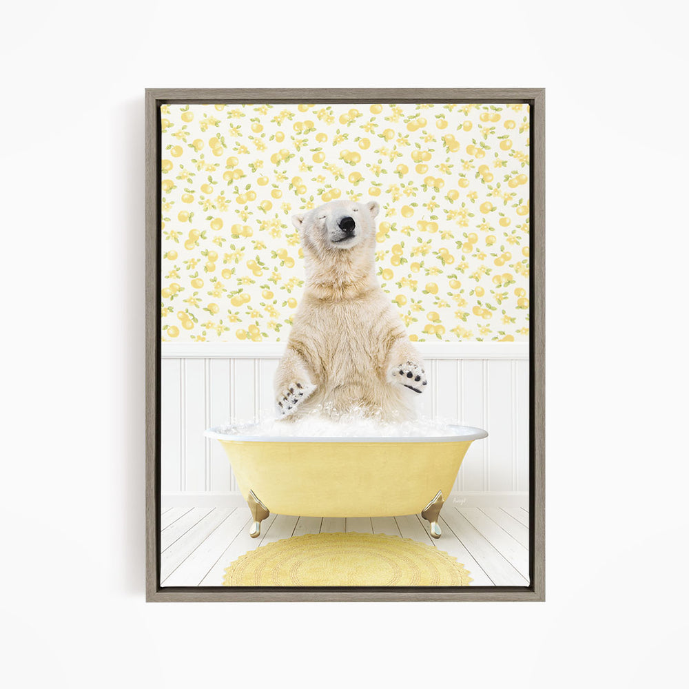 A polar bear sitting in a yellow bathtub filled with water, surrounded by a yellow floral pattern on the wall behind it.