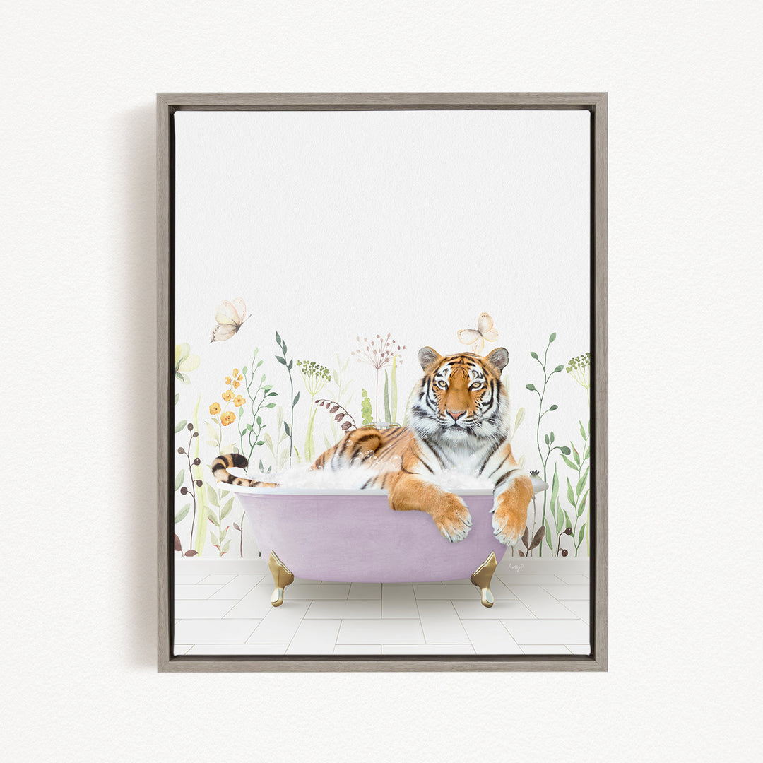 A tiger is sitting in a bathtub filled with water, surrounded by flowers and butterflies.