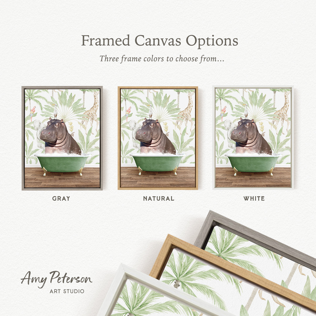 three framed canvas options featuring a hippopotamus in a bathtub, each with a different frame color: gray, natural, and white.