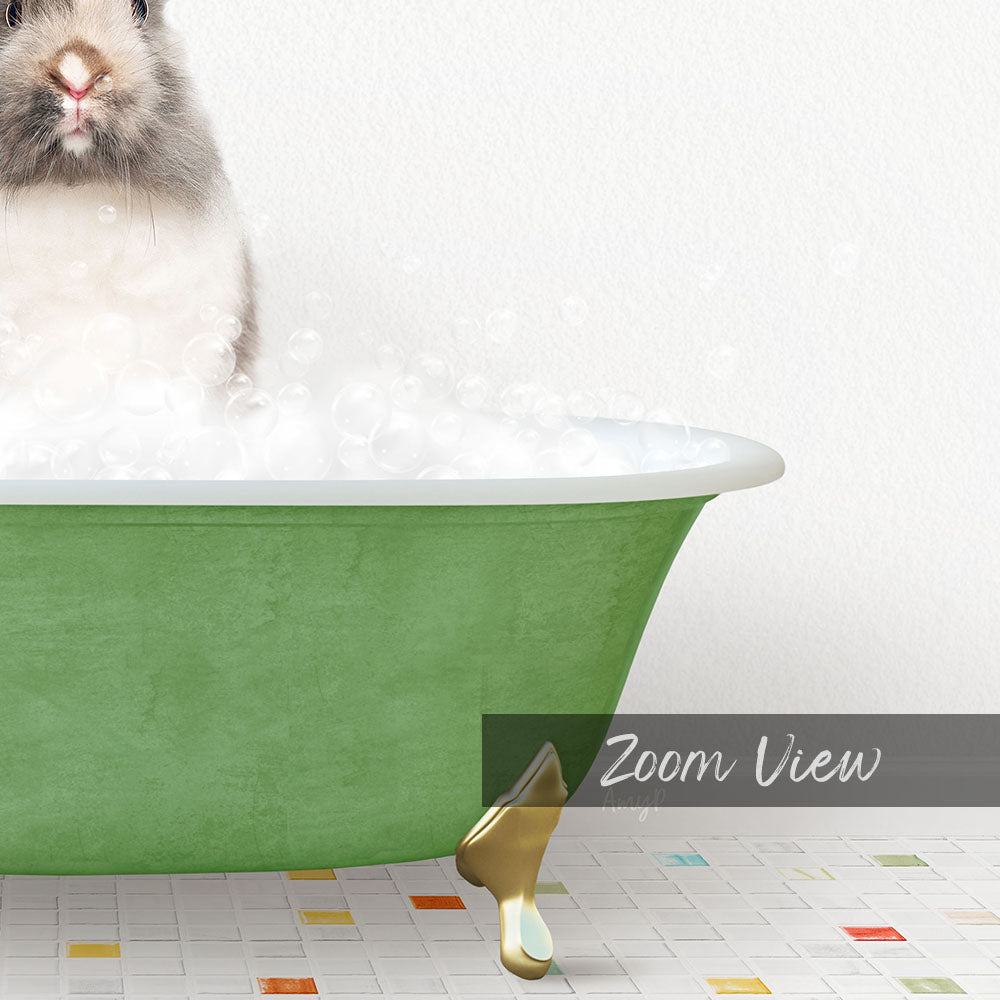 A fluffy white rabbit sitting in a green bathtub filled with bubbles, with a text overlay that reads "Zoom View".