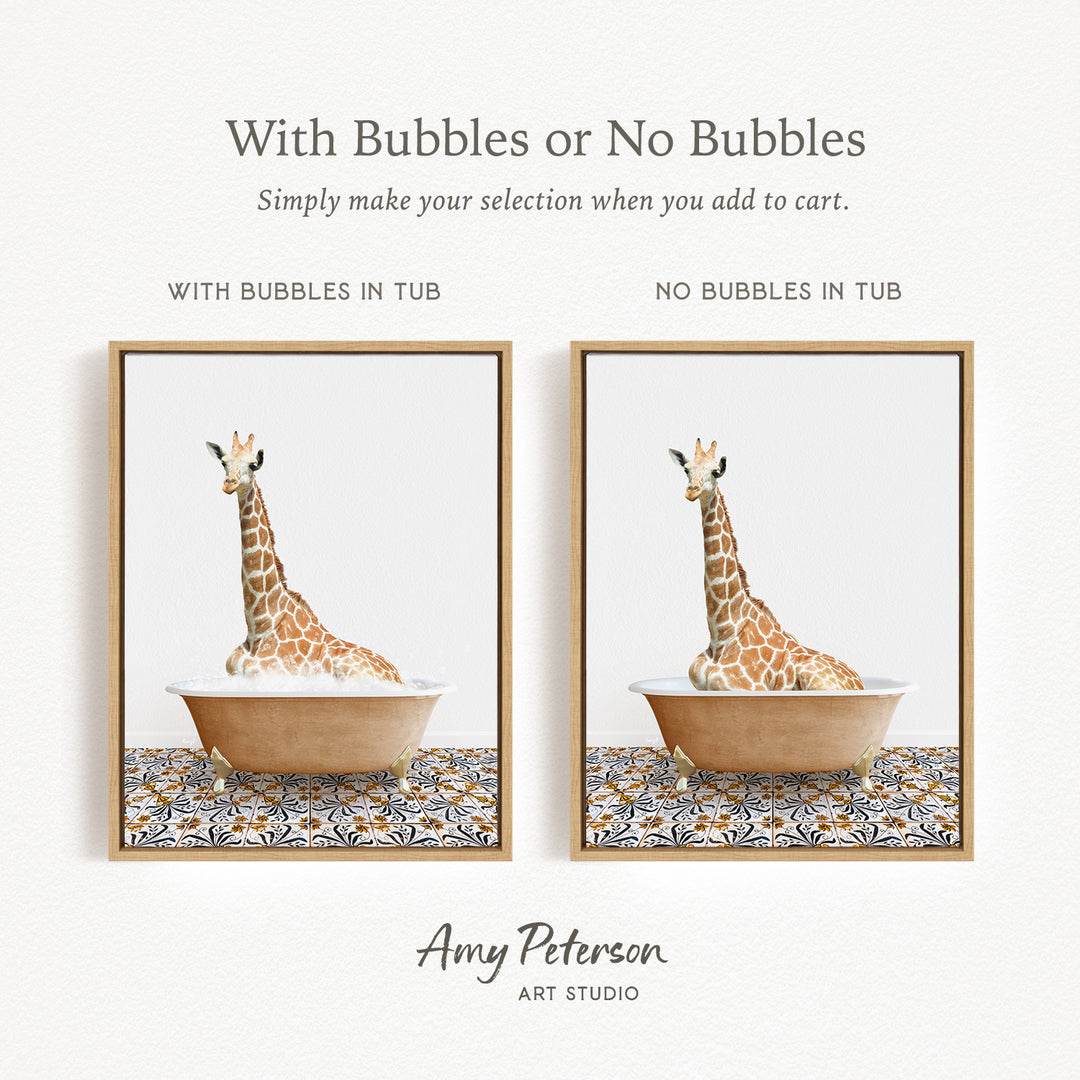 The image is a framed print featuring a giraffe sitting in a tub, with the text "With Bubbles or No Bubbles" above the images.