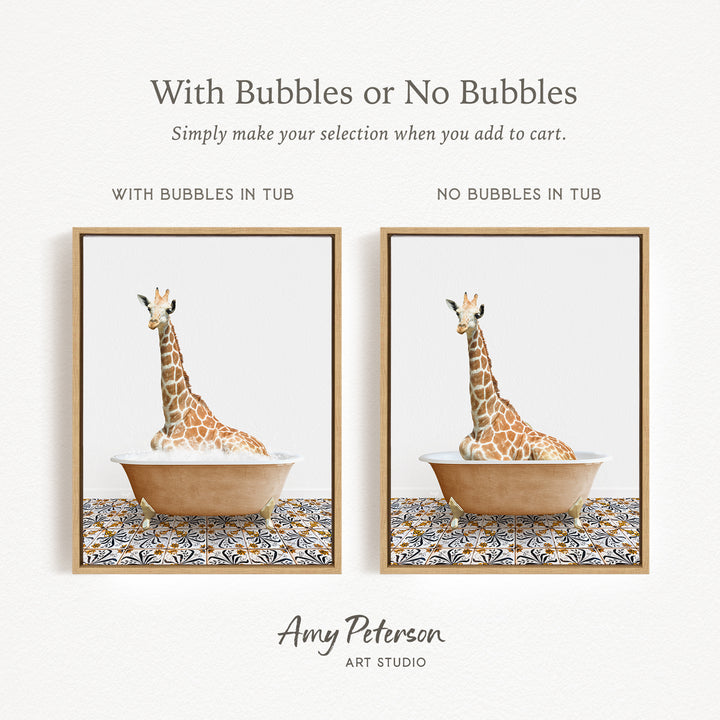 The image is a framed print featuring a giraffe sitting in a tub, with the text "With Bubbles or No Bubbles" above the images.