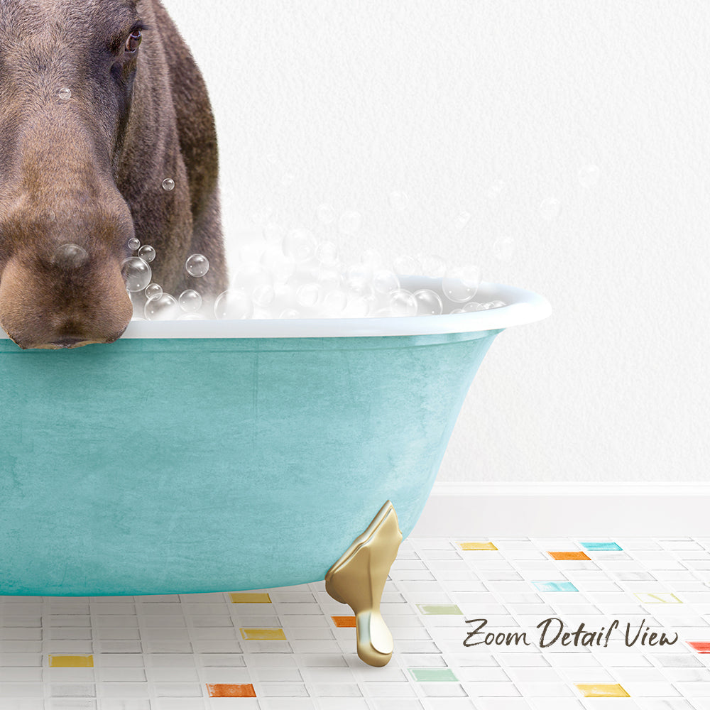 A dog is sitting in a blue bathtub filled with bubbles, with a colorful tiled floor in the background.
