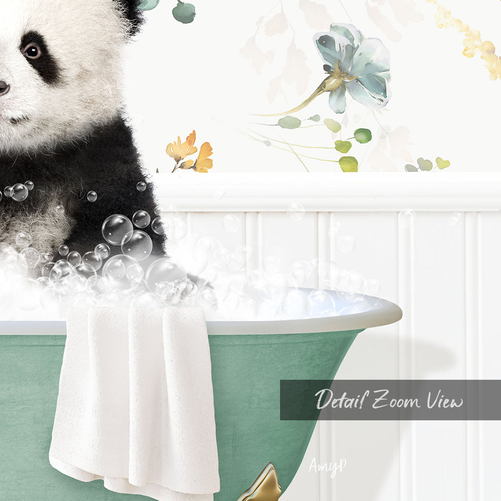 A panda bear sitting in a bathtub filled with bubbles, surrounded by a floral wallpaper.