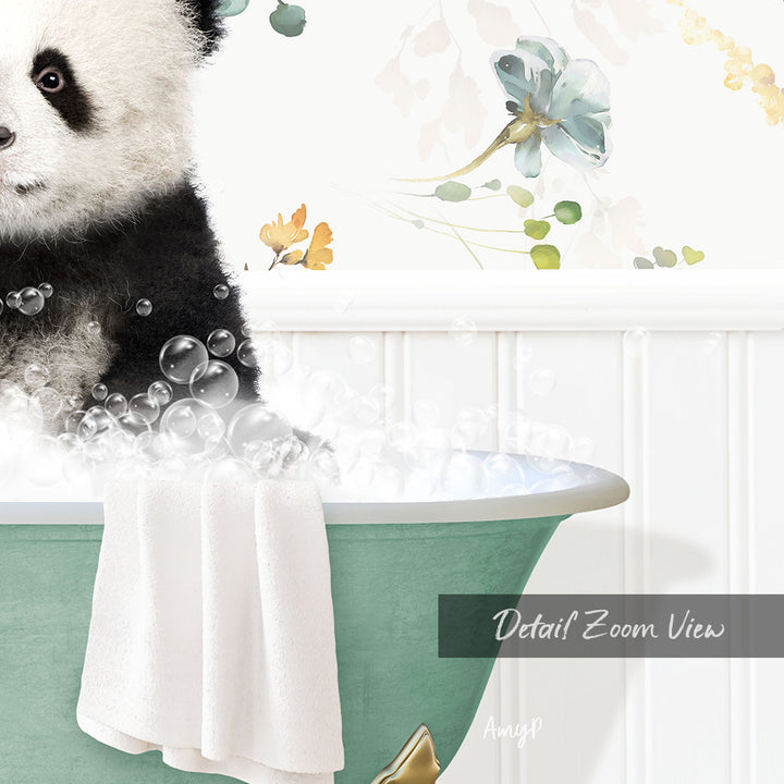 A panda bear sitting in a bathtub filled with bubbles, surrounded by a floral wallpaper.
