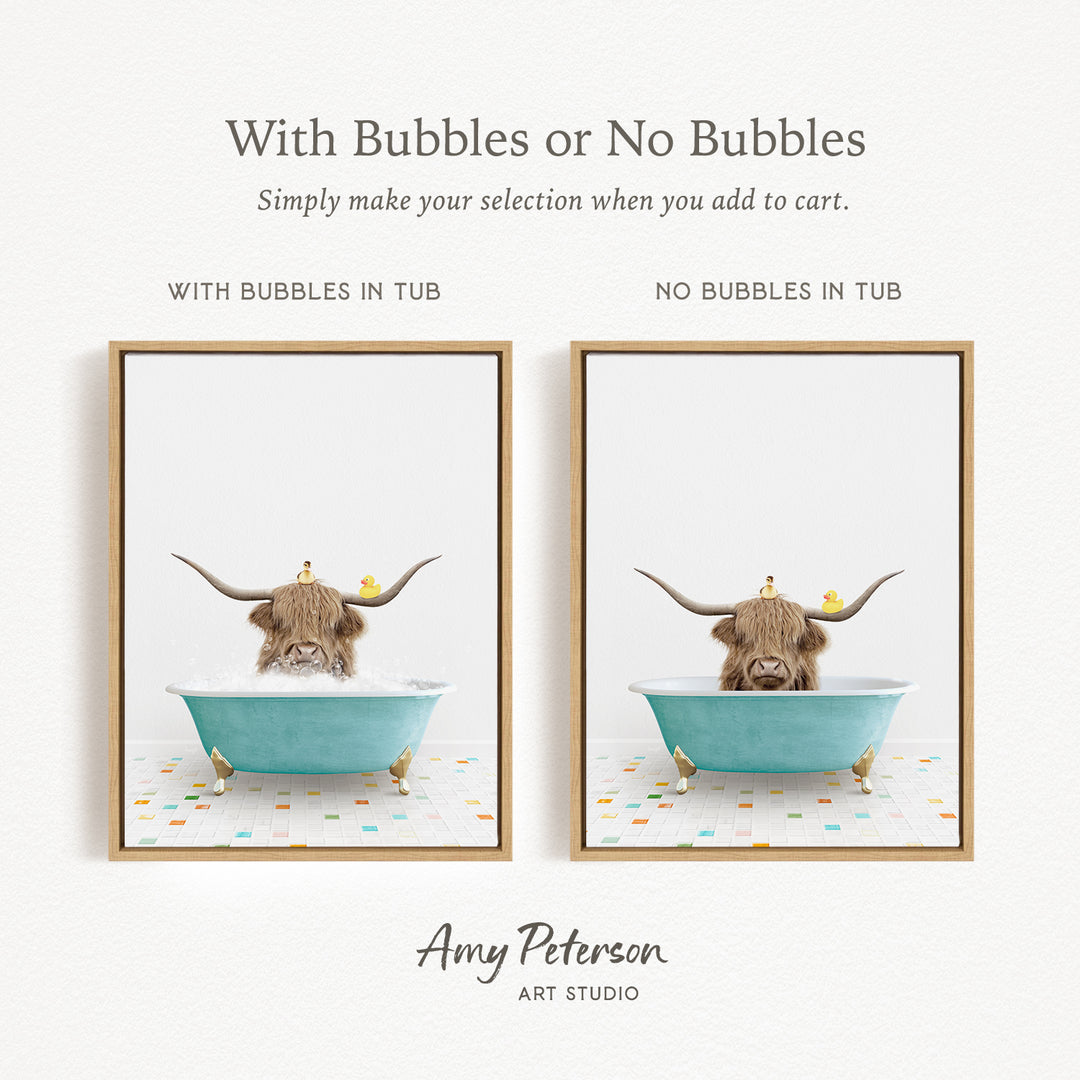 The image is a collage of two framed pictures, each depicting a cow with horns sitting in a bathtub. The cow in the left picture has bubbles in the tub, while the cow in the right picture does not have bubbles in the tub.