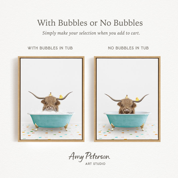 The image is a collage of two framed pictures, each depicting a cow with horns sitting in a bathtub. The cow in the left picture has bubbles in the tub, while the cow in the right picture does not have bubbles in the tub.