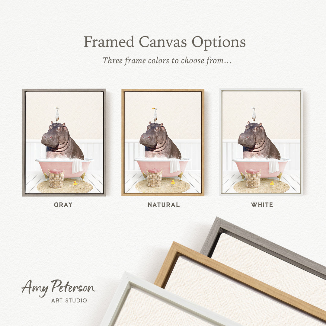 The image is a framed canvas option featuring three different colored frames, each containing a photograph of a hippopotamus sitting in a bathtub.