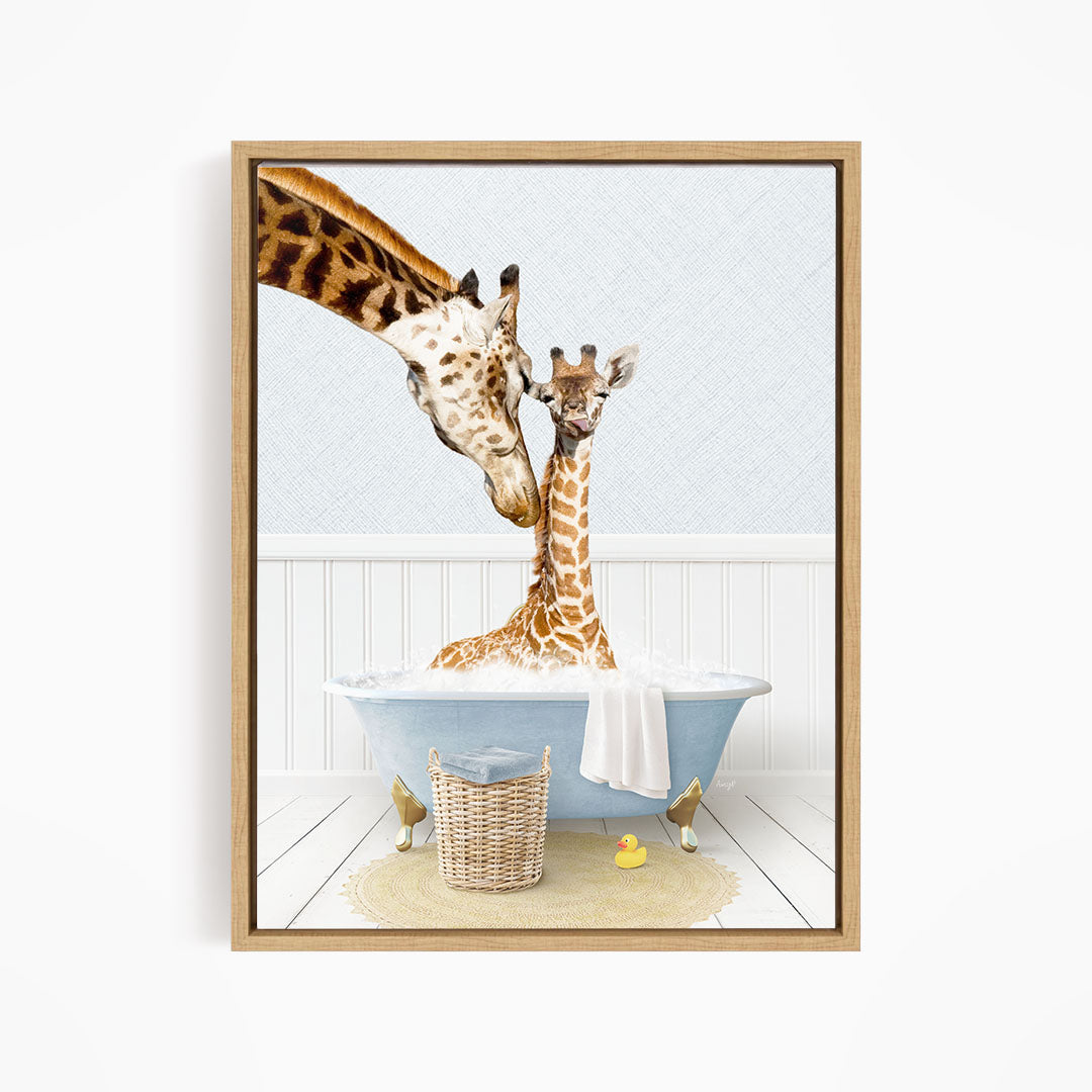 A mother giraffe and her baby giraffe enjoying a relaxing bath together in a blue bathtub, surrounded by a basket of toys and a yellow rubber ducky.