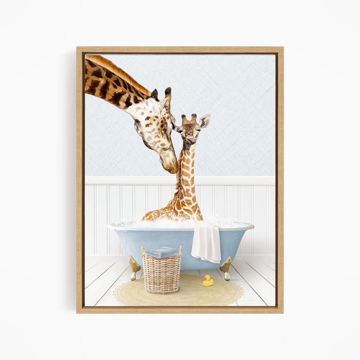 A mother giraffe and her baby giraffe enjoying a relaxing bath together in a blue bathtub, surrounded by a basket of toys and a yellow rubber ducky.