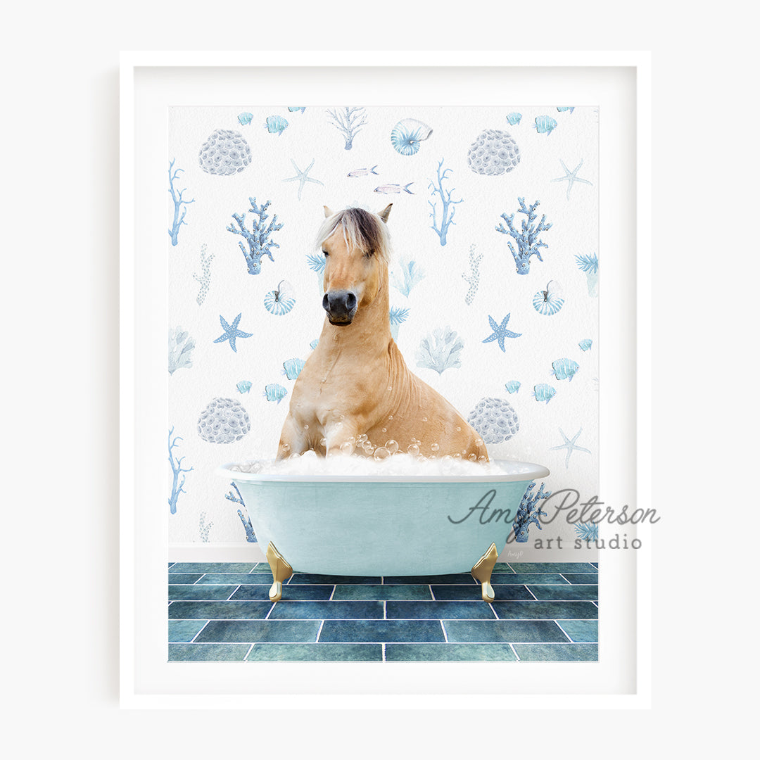 a horse sitting in a bathtub with a blue tile floor