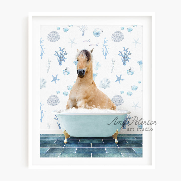 a horse sitting in a bathtub with a blue tile floor