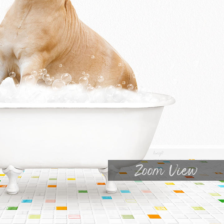 A dog is sitting in a white bathtub filled with bubbles, enjoying a bath.