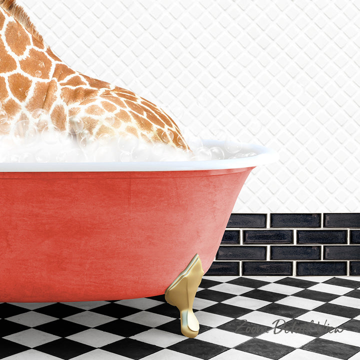 A giraffe is sitting in a red bathtub filled with water, surrounded by a black and white checkered floor and a brick wall.