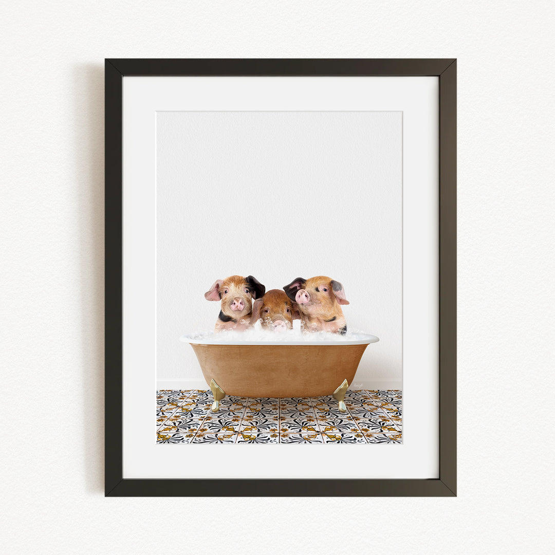 Three adorable baby pigs sitting in a bathtub, enjoying a relaxing bath.
