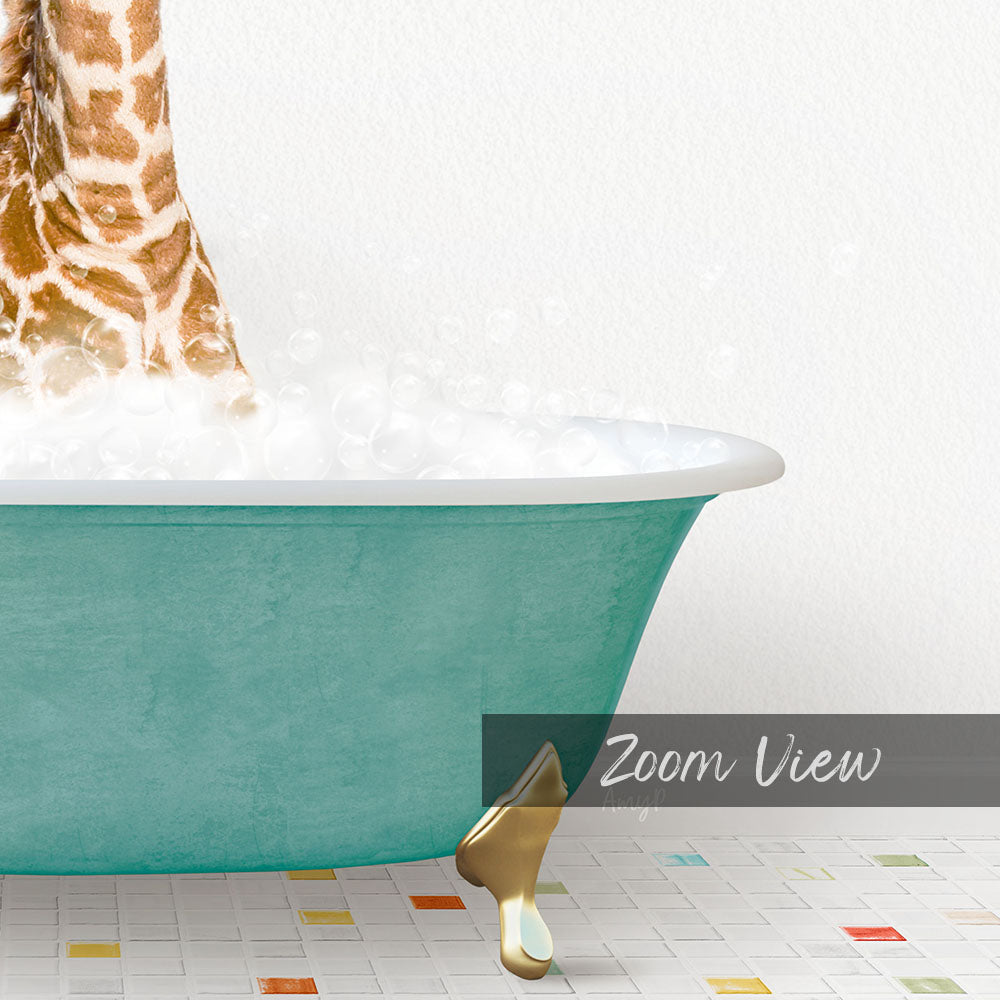 A giraffe standing in a green bathtub filled with bubbles, with a text overlay that reads "Zoom View".