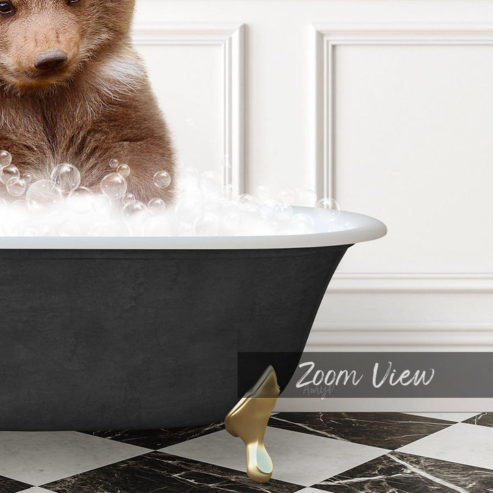 A brown bear is sitting in a bathtub filled with bubbles, creating a whimsical and playful scene.