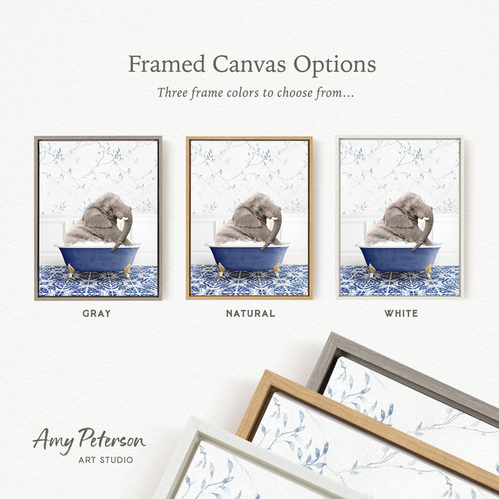 The image is a framed canvas option showcasing three different framed canvas options for a picture of an elephant sitting in a bathtub.