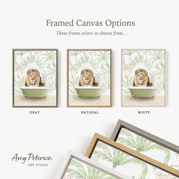 three framed canvas options featuring a lion in a bathtub, each with a different frame color: gray, natural, and white.