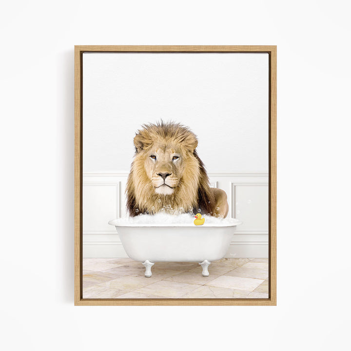 A lion sitting in a white bathtub filled with bubbles, with a rubber duck floating in the water.