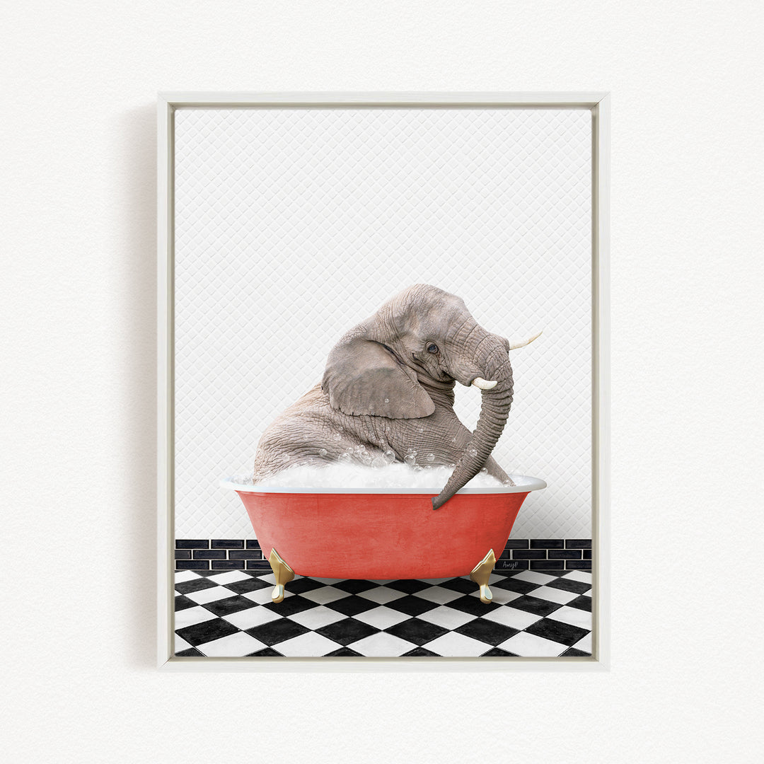 A gray elephant is sitting in a red bathtub filled with water, surrounded by a black and white checkered floor.