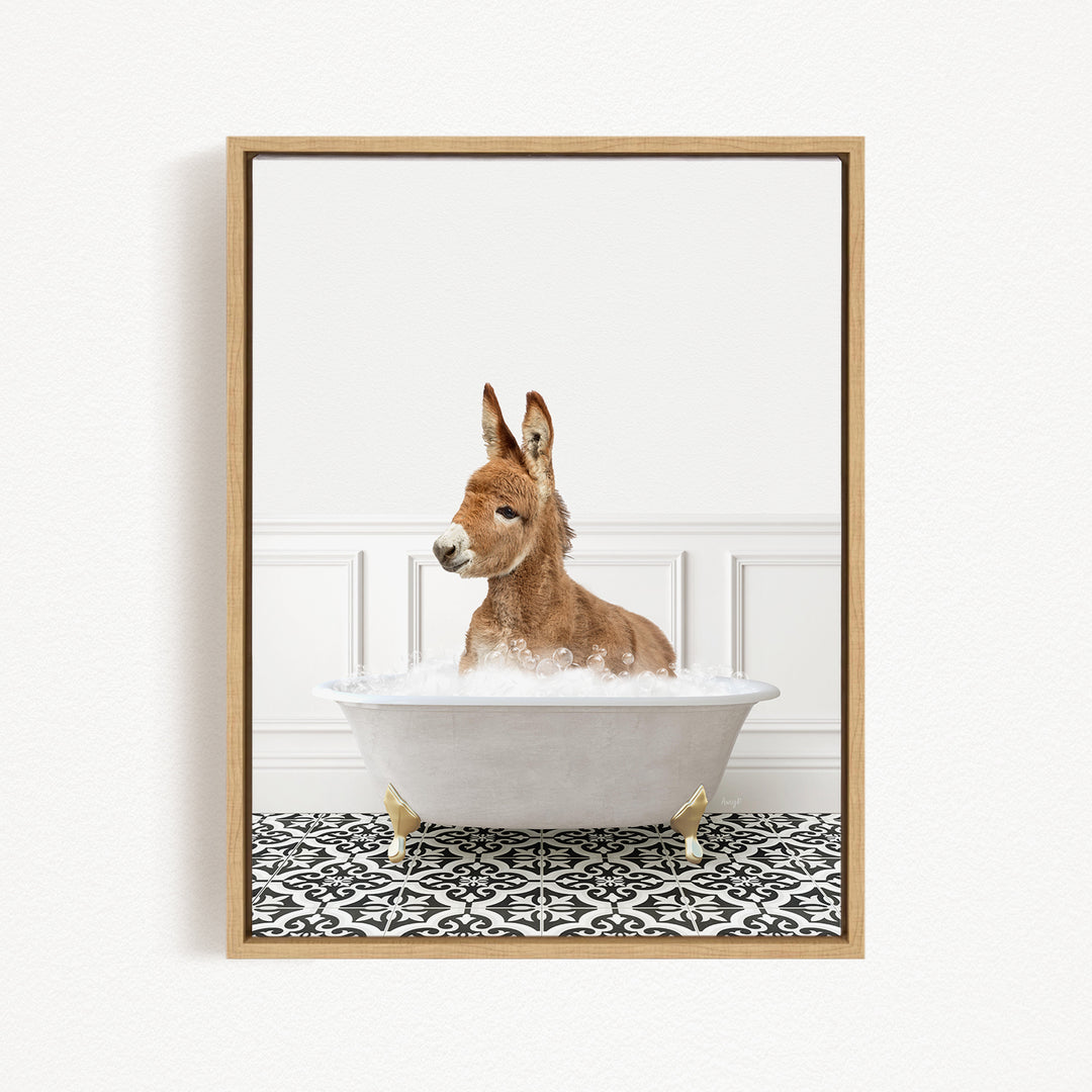 A donkey is sitting in a white bathtub filled with water, creating a playful and whimsical scene.