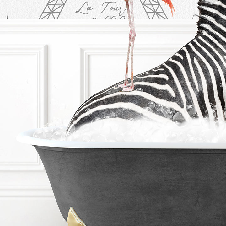 a zebra in a bathtub with a flamingo standing on top of it