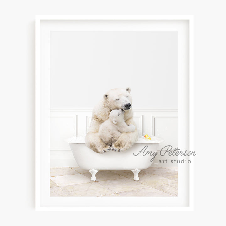 a polar bear sitting on a bathtub with a baby polar bear