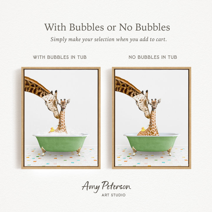 The image is a collage of two framed pictures depicting giraffes in bathtubs. The first picture shows a giraffe with bubbles in the tub, while the second picture shows a giraffe without bubbles in the tub. The text above the images reads "With Bubbles or No Bubbles Simply make your selection when you add to cart."
